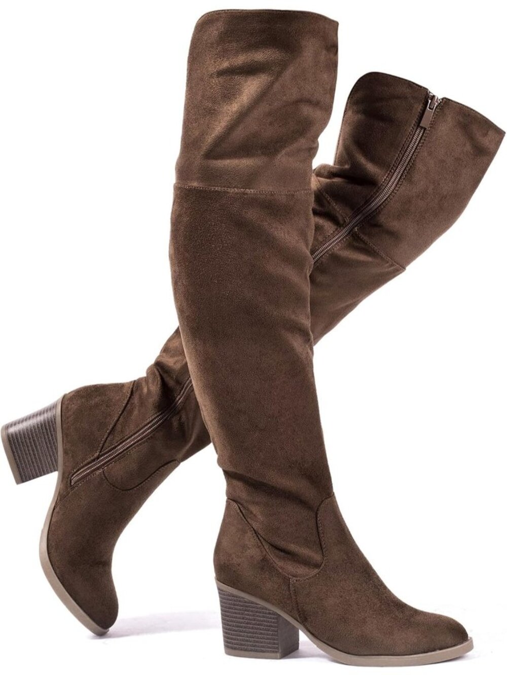 Women's Brown Sexy Stacked Block Heel Comfortable Side Zipper Over the Knee Boot
